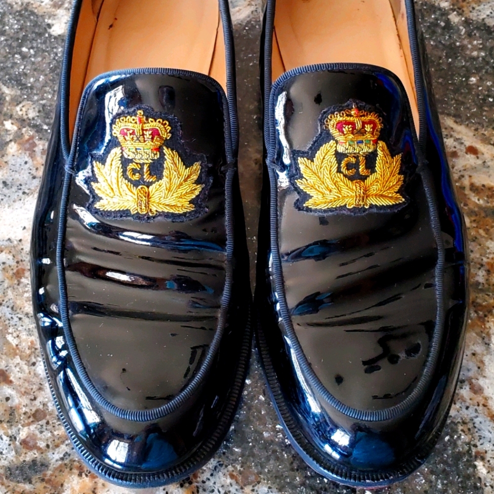 Christian Louboutin Black Patent Leather Embroidered Crest Loafers